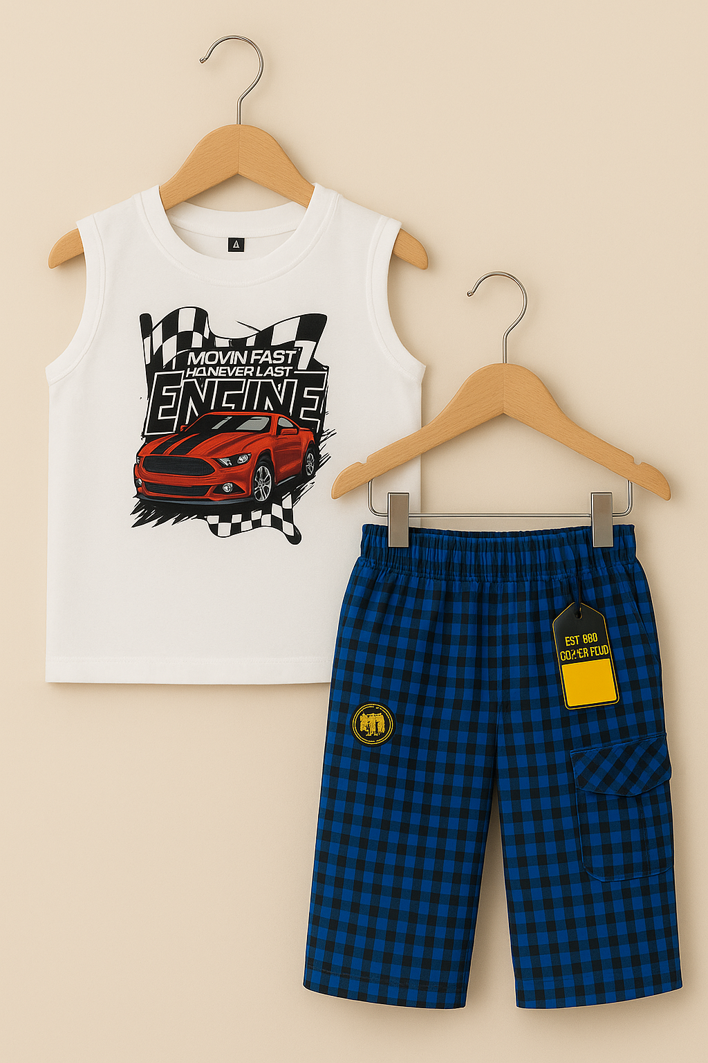 Pair of 2 sleevless shirt and checks cotton shorts